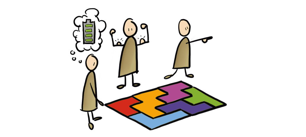 drie personen staan om een puzzel heen die klaar is, een persoon heeft nog een vol batterijtje, één is trots, de derde wijst naar de richting waar ze op moeten